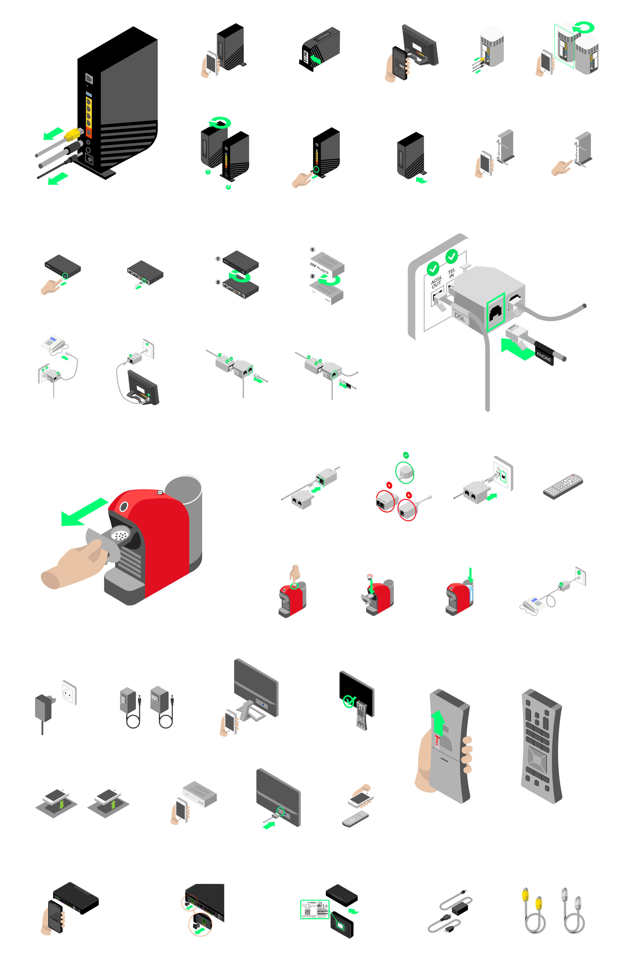 A sheet of isometric device illustrations drawn in Illustrator: routers and modems with cables being pulled out, set-top boxes, DSL splitters and filters, wall sockets, phones held up to devices, a coffee machine, TVs and remote controls, each with green arrows and check marks showing the action to take.